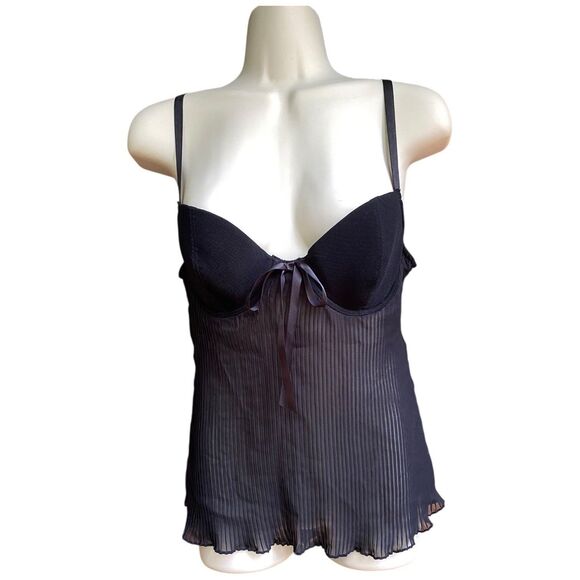 Vintage Donna L'oren Babydoll Bra Top 34C Black Pleated Chiffon Coquette flirty - Picture 2 of 10